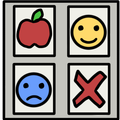 a very light grey squareish rectangle with four smaller white rectangles in it. each smaller rectangle has a symbol - a red apple, a yellow happy face, a blue sad face, and a red 'X'.
